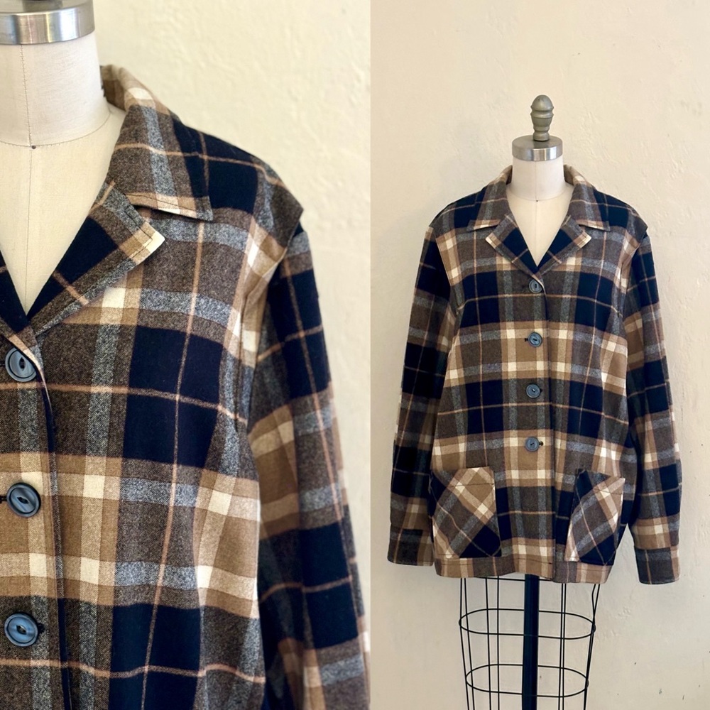 Pendleton shirt jacket plaid virgin wool womens black brown w pockets shacket